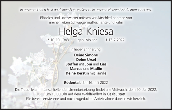 Anzeige von Helga Kniesa von MGO