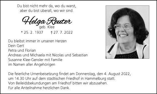 Anzeige von Helga Reuter von MGO