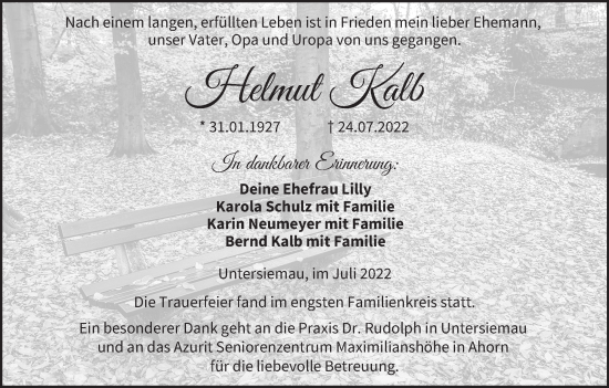Anzeige von Helmut Kalb von MGO