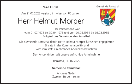 Anzeige von Helmut Morper von MGO