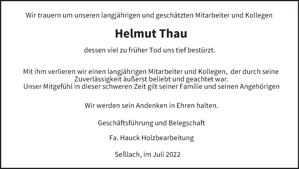  Traueranzeige für Helmut Thau vom 14.07.2022 aus MGO