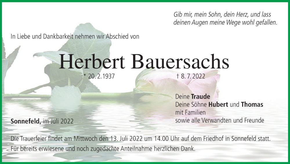 Traueranzeige für Herbert Bauersachs vom 12.07.2022 aus MGO