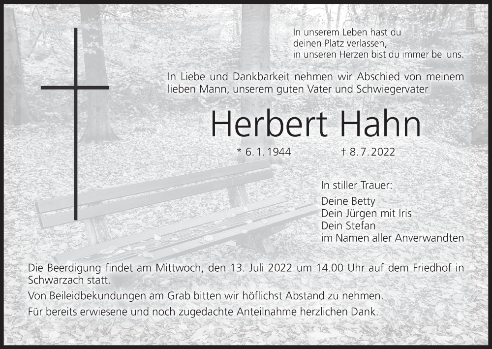  Traueranzeige für Herbert Hahn vom 12.07.2022 aus MGO