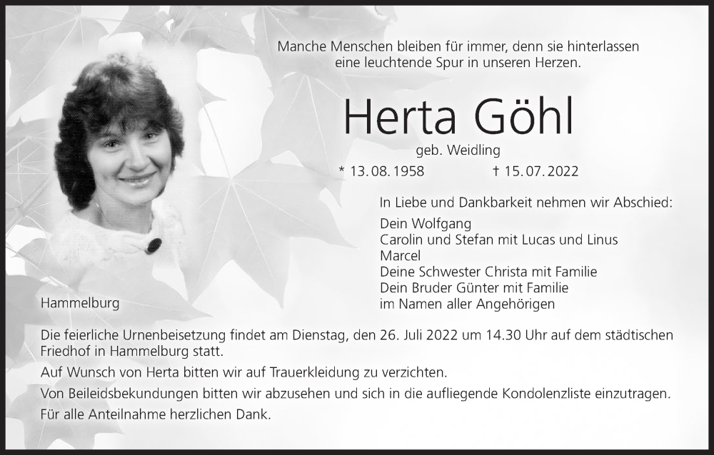  Traueranzeige für Herta Göhl vom 21.07.2022 aus MGO