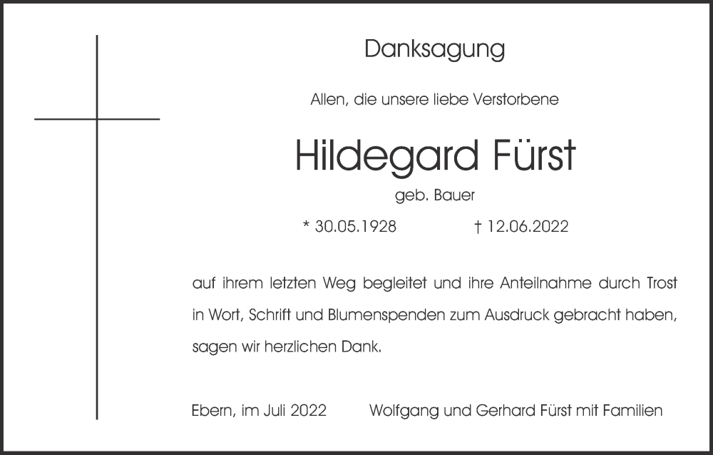  Traueranzeige für Hildegard Fürst vom 02.07.2022 aus MGO