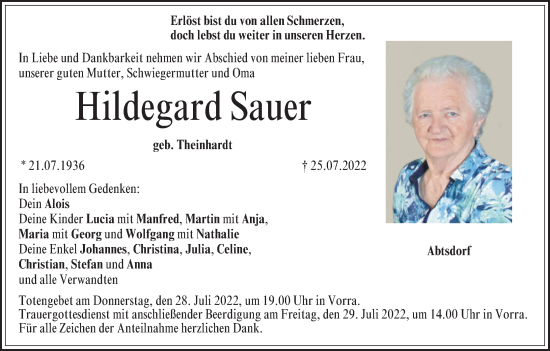 Anzeige von Hildegard Sauer von MGO
