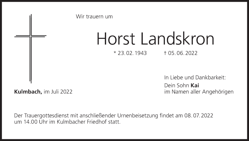  Traueranzeige für Horst Landskron vom 05.07.2022 aus MGO