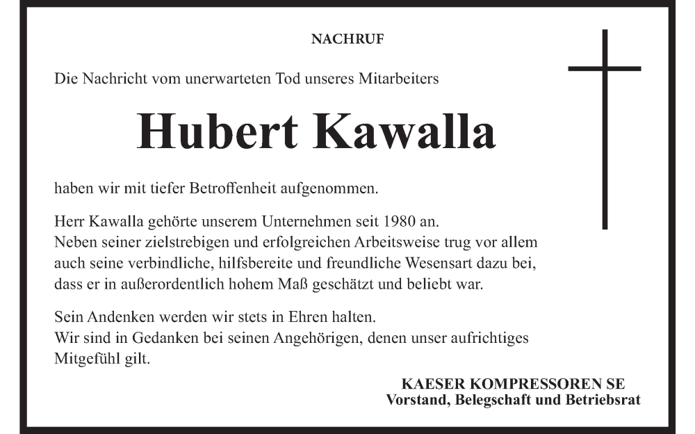  Traueranzeige für Hubert Kawalla vom 30.06.2022 aus MGO