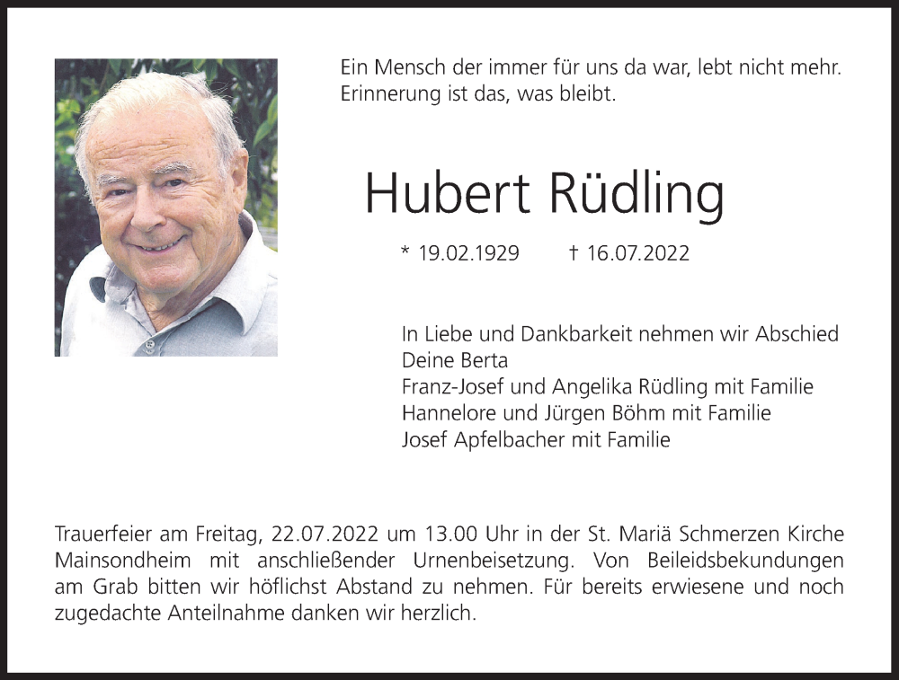  Traueranzeige für Hubert Rüdling vom 20.07.2022 aus MGO