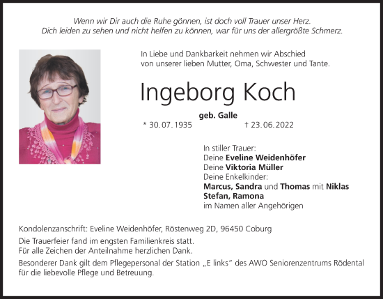 Anzeige von Ingeborg Koch von MGO