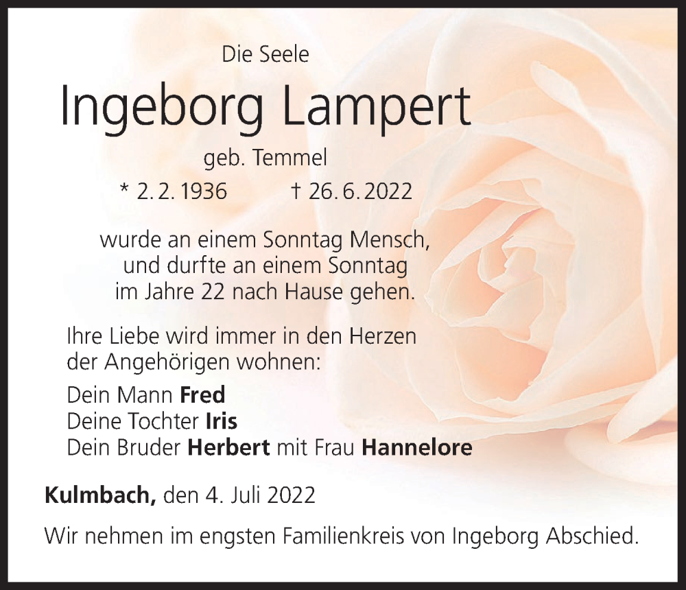  Traueranzeige für Ingeborg Lampert vom 04.07.2022 aus MGO