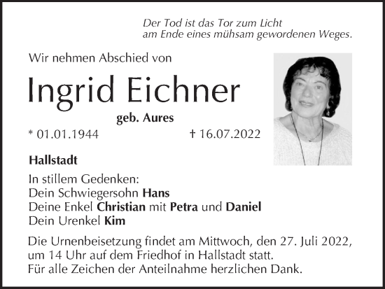 Anzeige von Ingrid Eichner von MGO