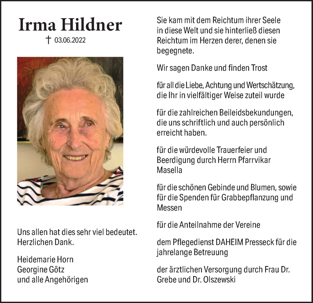  Traueranzeige für Irma Hildner vom 09.07.2022 aus MGO
