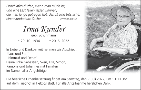 Anzeige von Irma Kunder von MGO