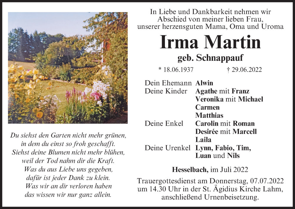  Traueranzeige für Irma Martin vom 02.07.2022 aus MGO