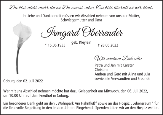 Anzeige von Irmgard Oberrender von MGO