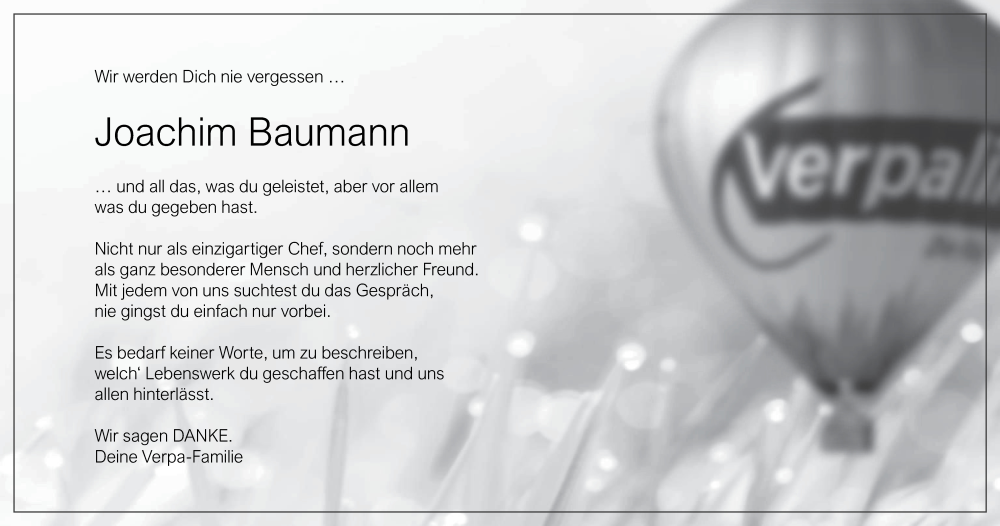 Traueranzeige für Joachim Baumann vom 09.07.2022 aus MGO
