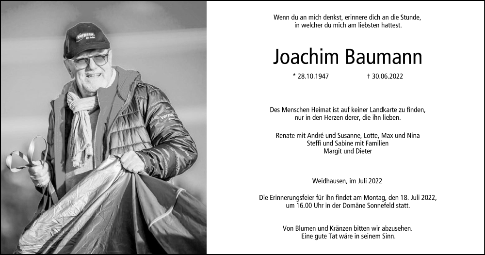 Traueranzeige für Joachim Baumann vom 09.07.2022 aus MGO