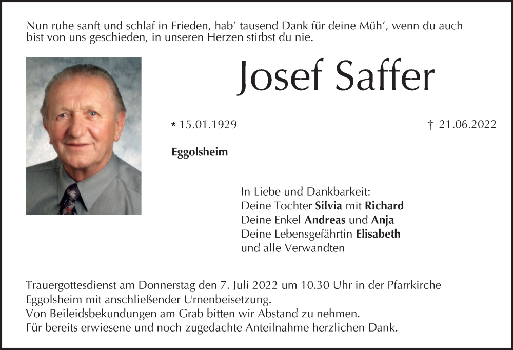  Traueranzeige für Josef Saffer vom 02.07.2022 aus MGO