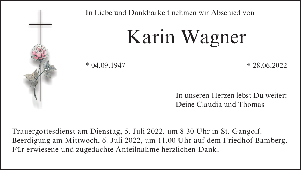  Traueranzeige für Karin Wagner vom 02.07.2022 aus MGO