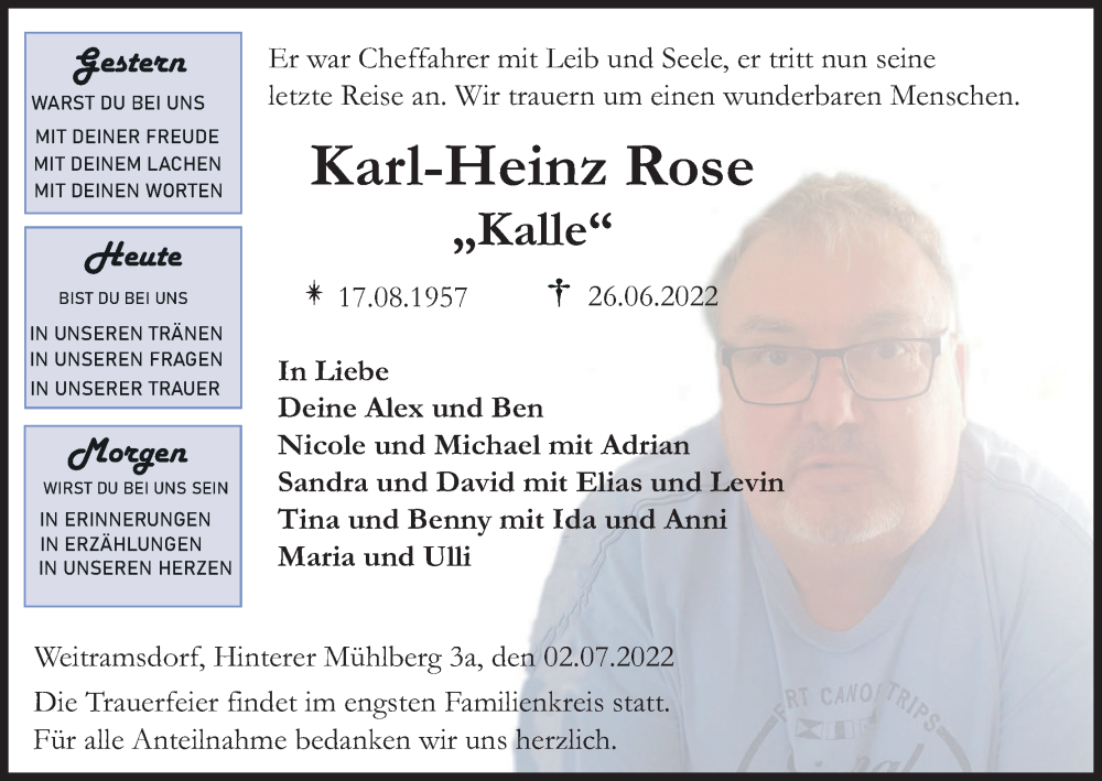  Traueranzeige für Karl-Heinz Rose vom 02.07.2022 aus MGO