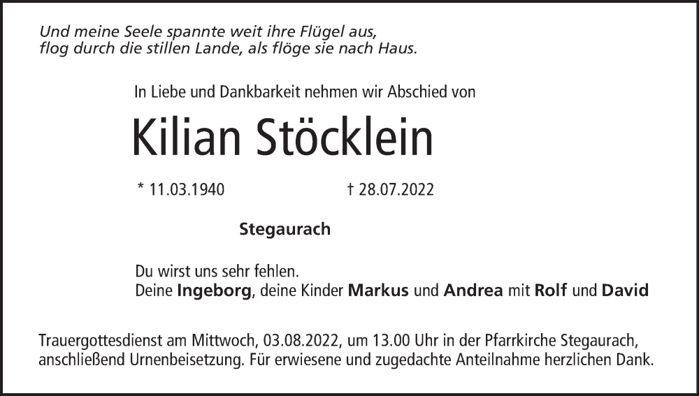  Traueranzeige für Kilian Stöcklein vom 30.07.2022 aus MGO