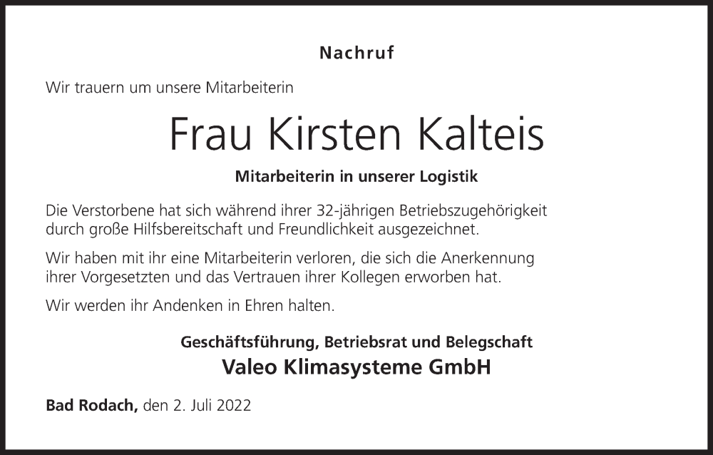  Traueranzeige für Kirsten Kalteis vom 05.07.2022 aus MGO