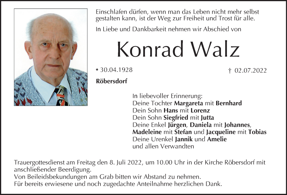  Traueranzeige für Konrad Walz vom 06.07.2022 aus MGO