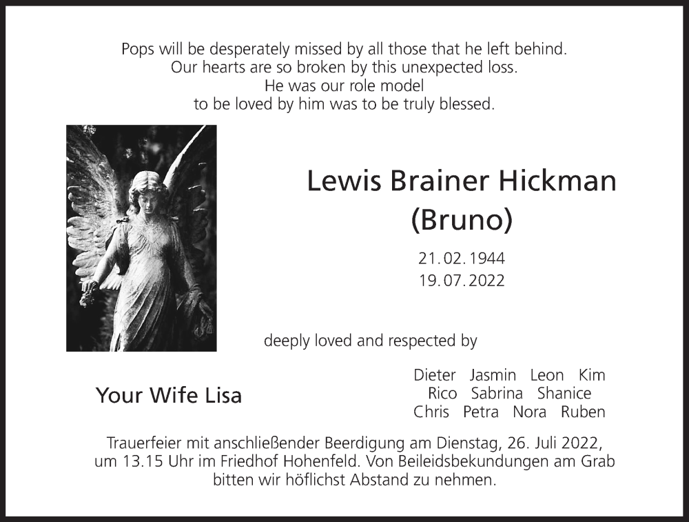  Traueranzeige für Lewis Brainer Hickman vom 23.07.2022 aus MGO