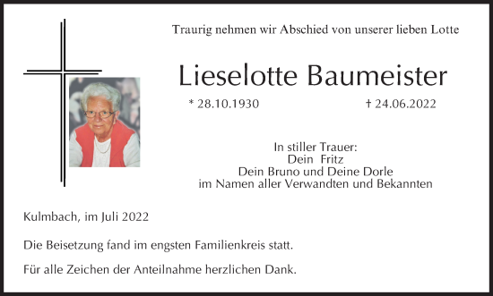 Anzeige von Lieselotte Baumeister von MGO