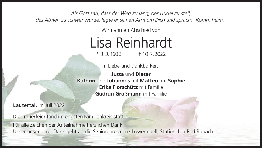 Traueranzeige für Lisa Reinhardt vom 26.07.2022 aus MGO