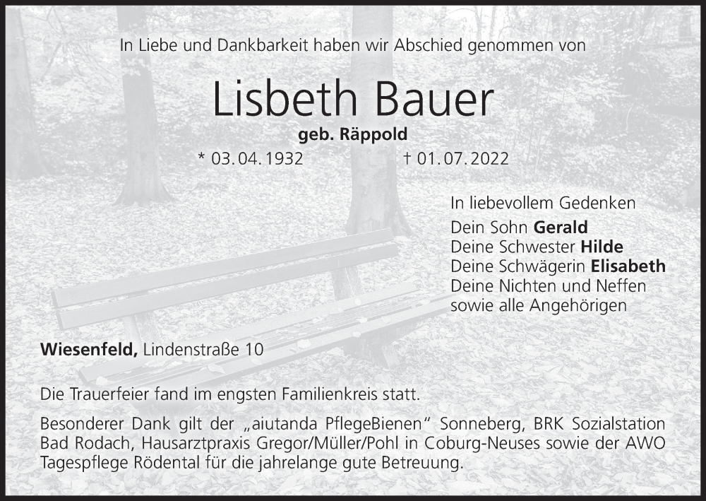  Traueranzeige für Lisbeth Bauer vom 09.07.2022 aus MGO