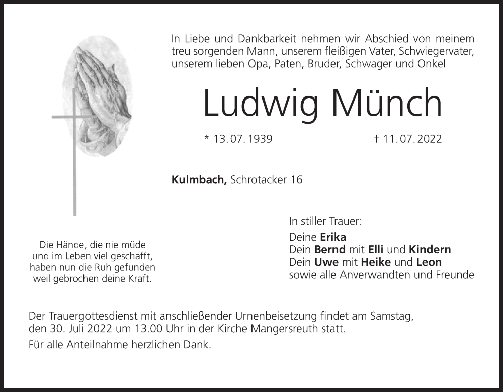 Traueranzeige für Ludwig Münch vom 27.07.2022 aus MGO