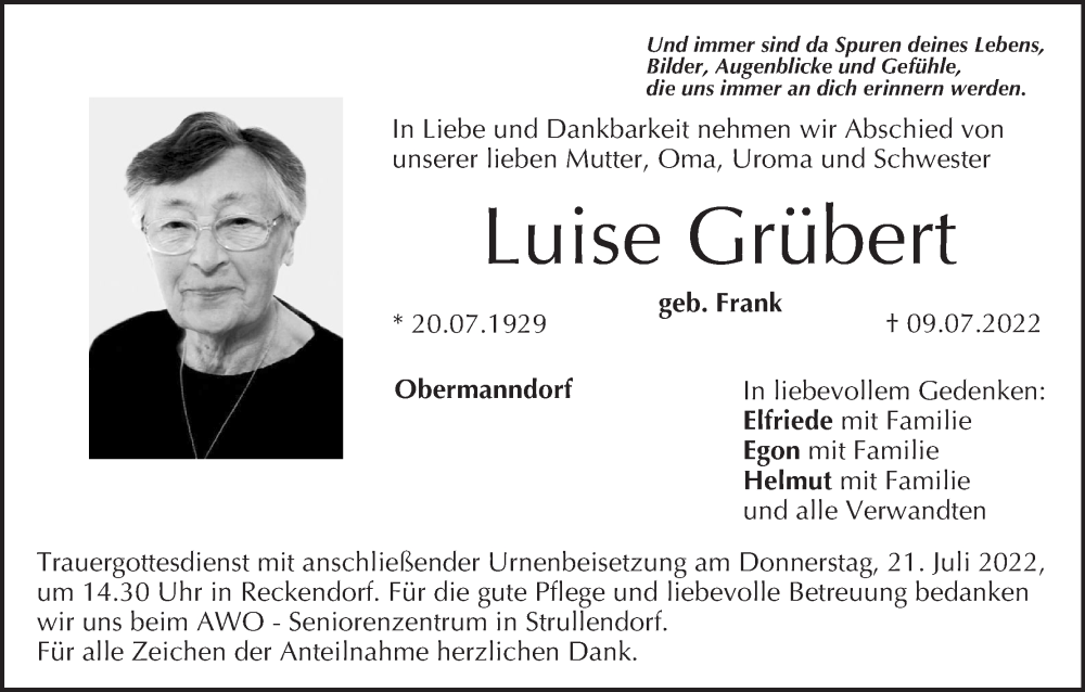  Traueranzeige für Luise Grübert vom 16.07.2022 aus MGO