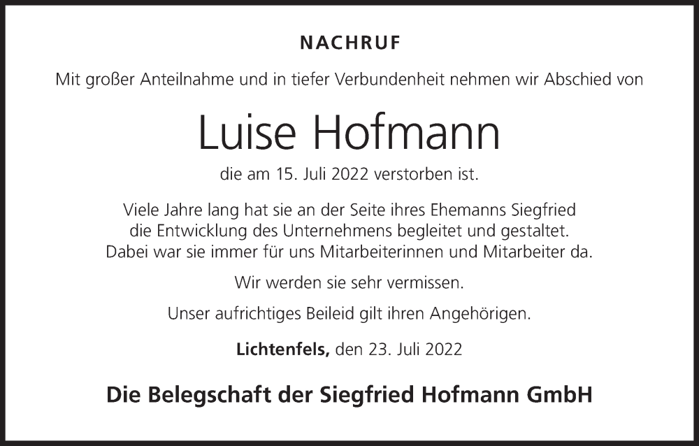  Traueranzeige für Luise Hofmann vom 23.07.2022 aus MGO