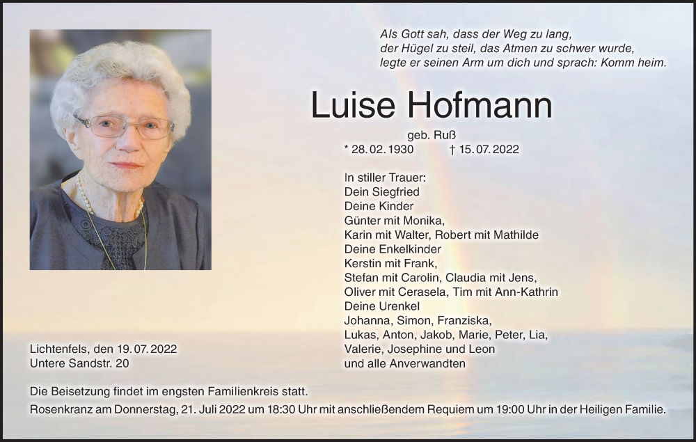  Traueranzeige für Luise Hofmann vom 19.07.2022 aus MGO