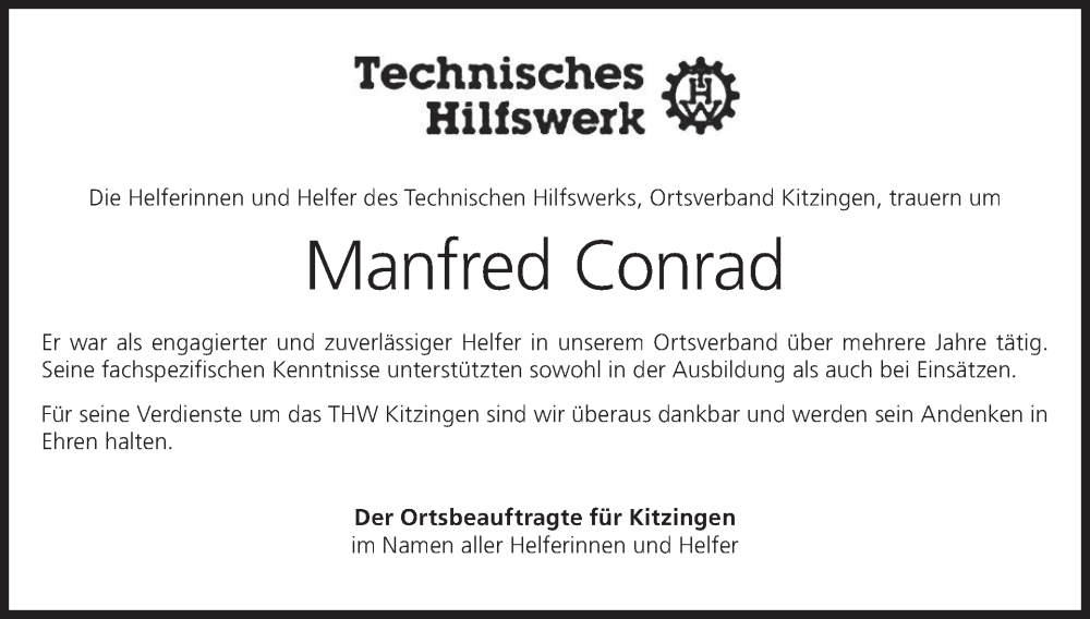  Traueranzeige für Manfred Conrad vom 06.07.2022 aus MGO