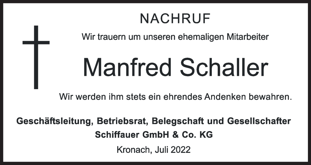 Traueranzeige für Manfred Schaller vom 14.07.2022 aus MGO