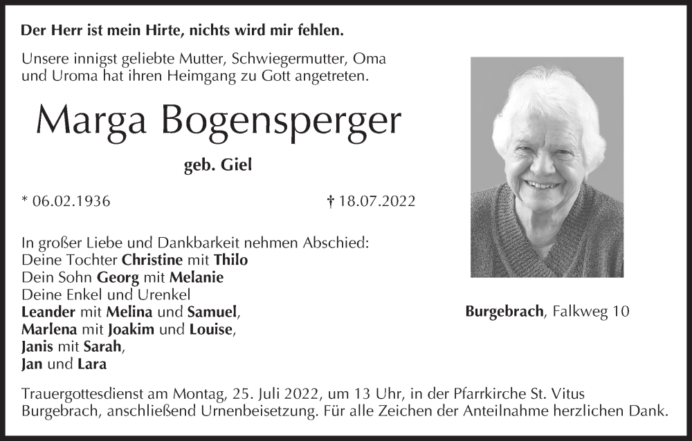  Traueranzeige für Marga Bogensperger vom 23.07.2022 aus MGO