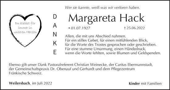 Anzeige von Margareta Hack von MGO