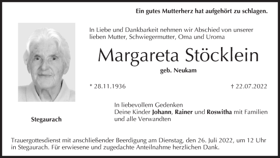 Anzeige von Margareta Stöcklein von MGO