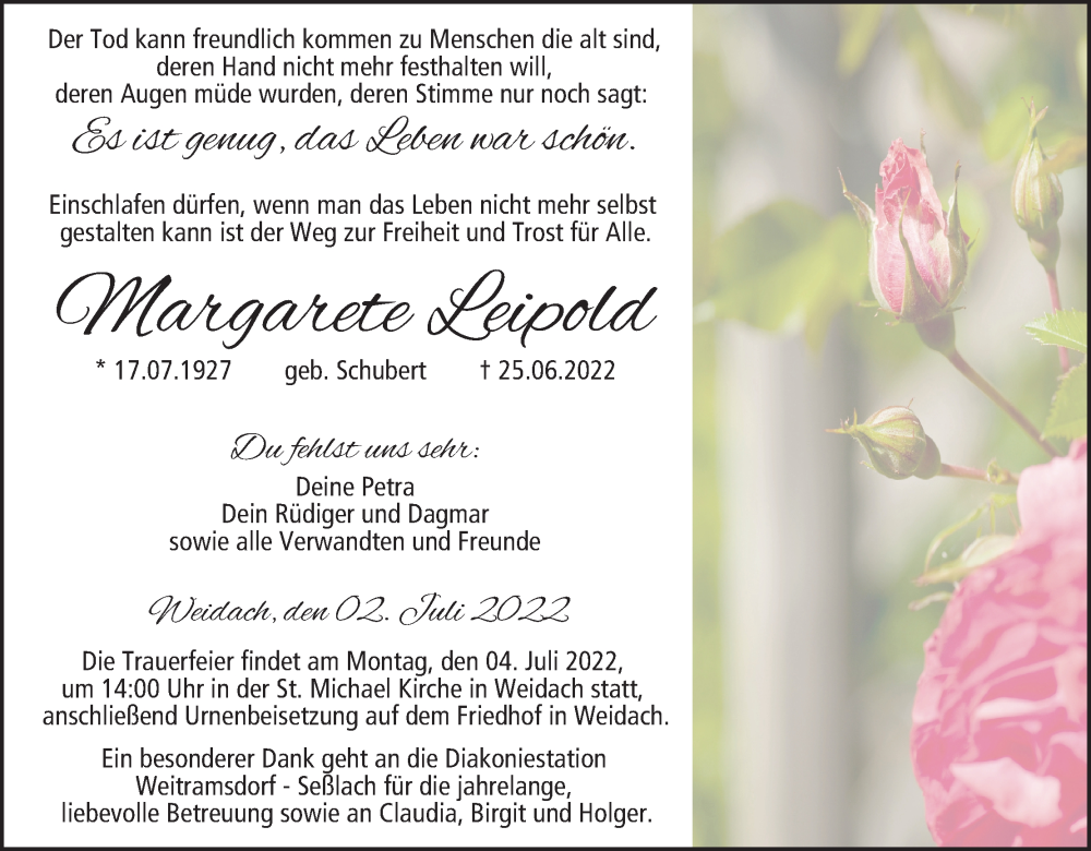  Traueranzeige für Margarete Leipold vom 02.07.2022 aus MGO