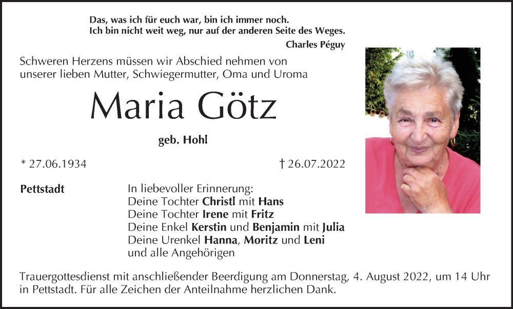  Traueranzeige für Maria Götz vom 30.07.2022 aus MGO
