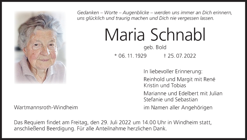  Traueranzeige für Maria Schnabl vom 28.07.2022 aus MGO