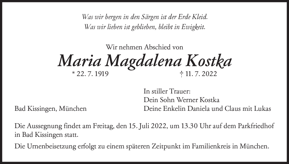  Traueranzeige für Maria Magdalena Kostka vom 13.07.2022 aus MGO