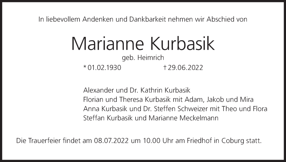  Traueranzeige für Marianne Kurbasik vom 07.07.2022 aus MGO