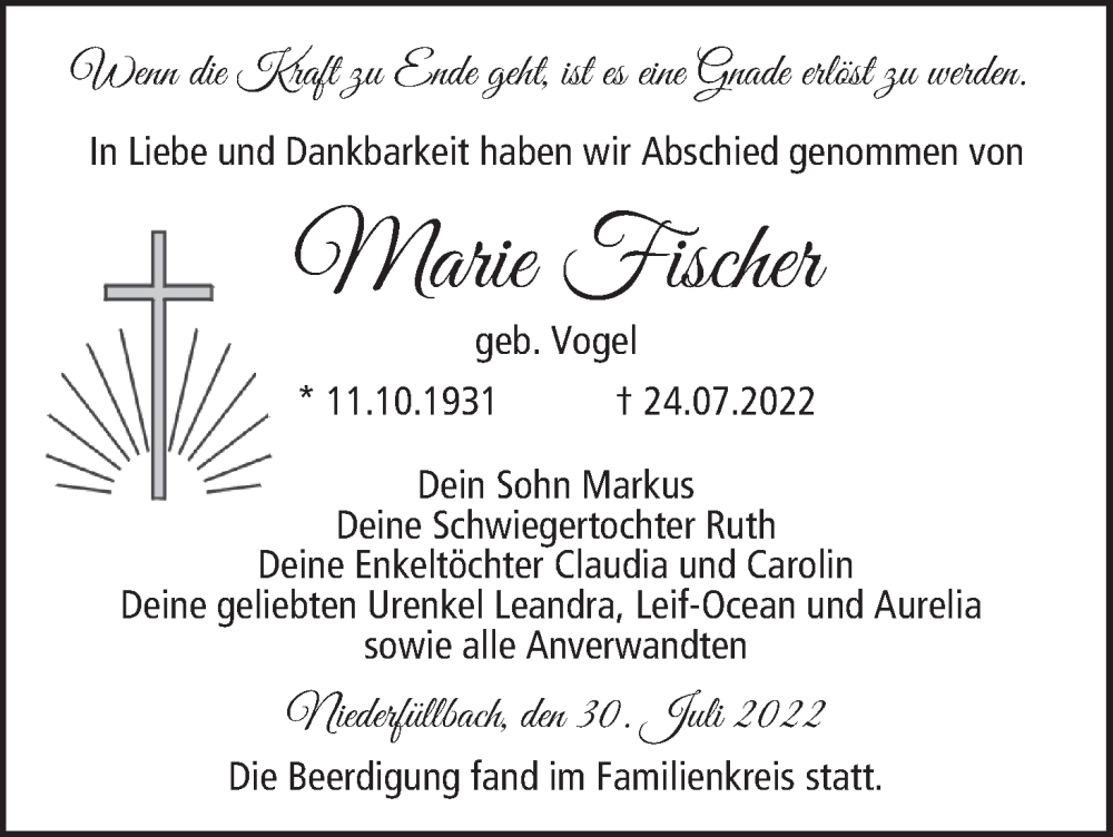  Traueranzeige für Marie Fischer vom 30.07.2022 aus MGO