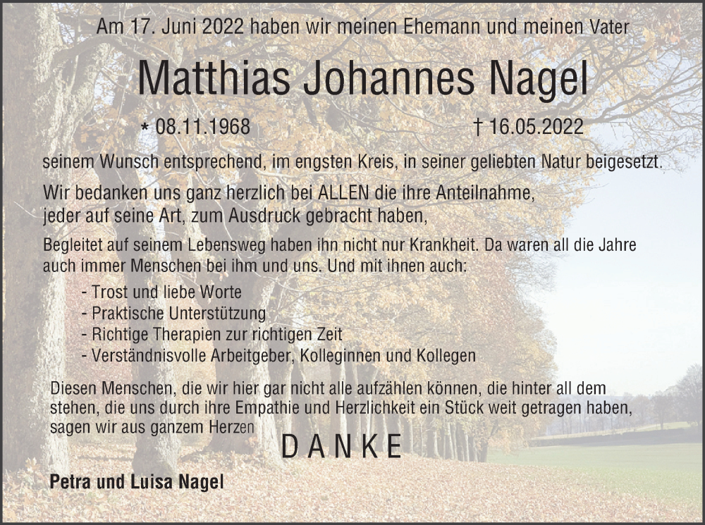  Traueranzeige für Matthias Johannes Nagel vom 02.07.2022 aus MGO
