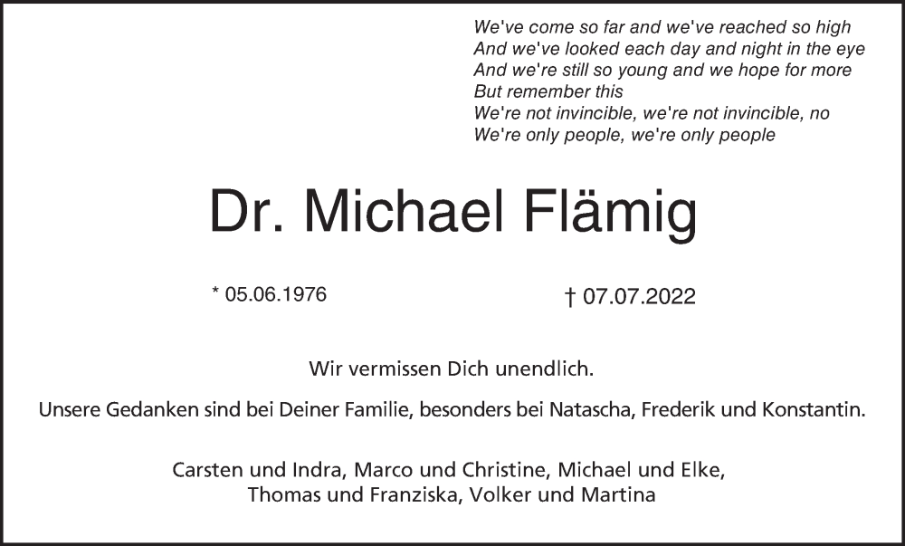  Traueranzeige für Michael Flämig vom 20.07.2022 aus MGO