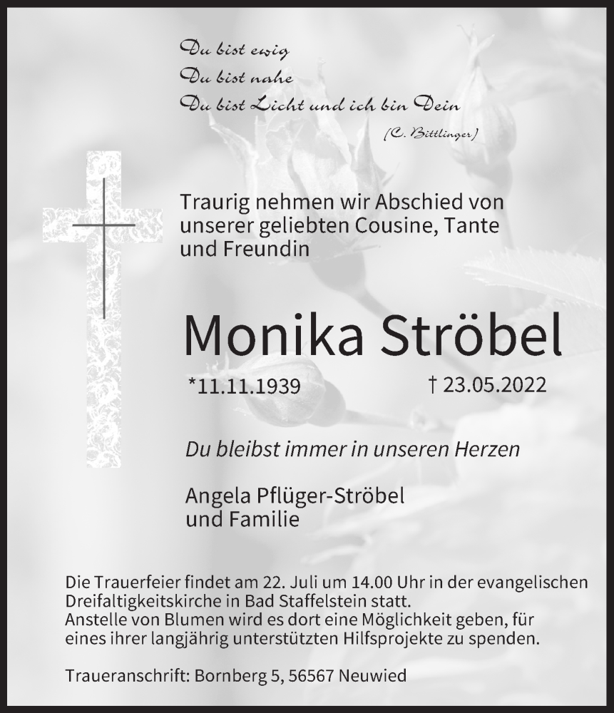  Traueranzeige für Monika Ströbel vom 16.07.2022 aus MGO